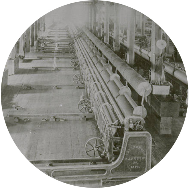 Historical photo of machinery inside Provo Woolen Mills